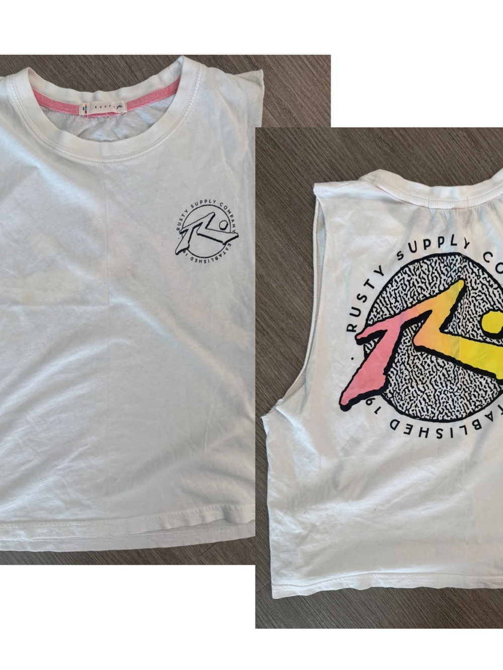 Rusty White Muscle Tee with Pink & Yellow Logo